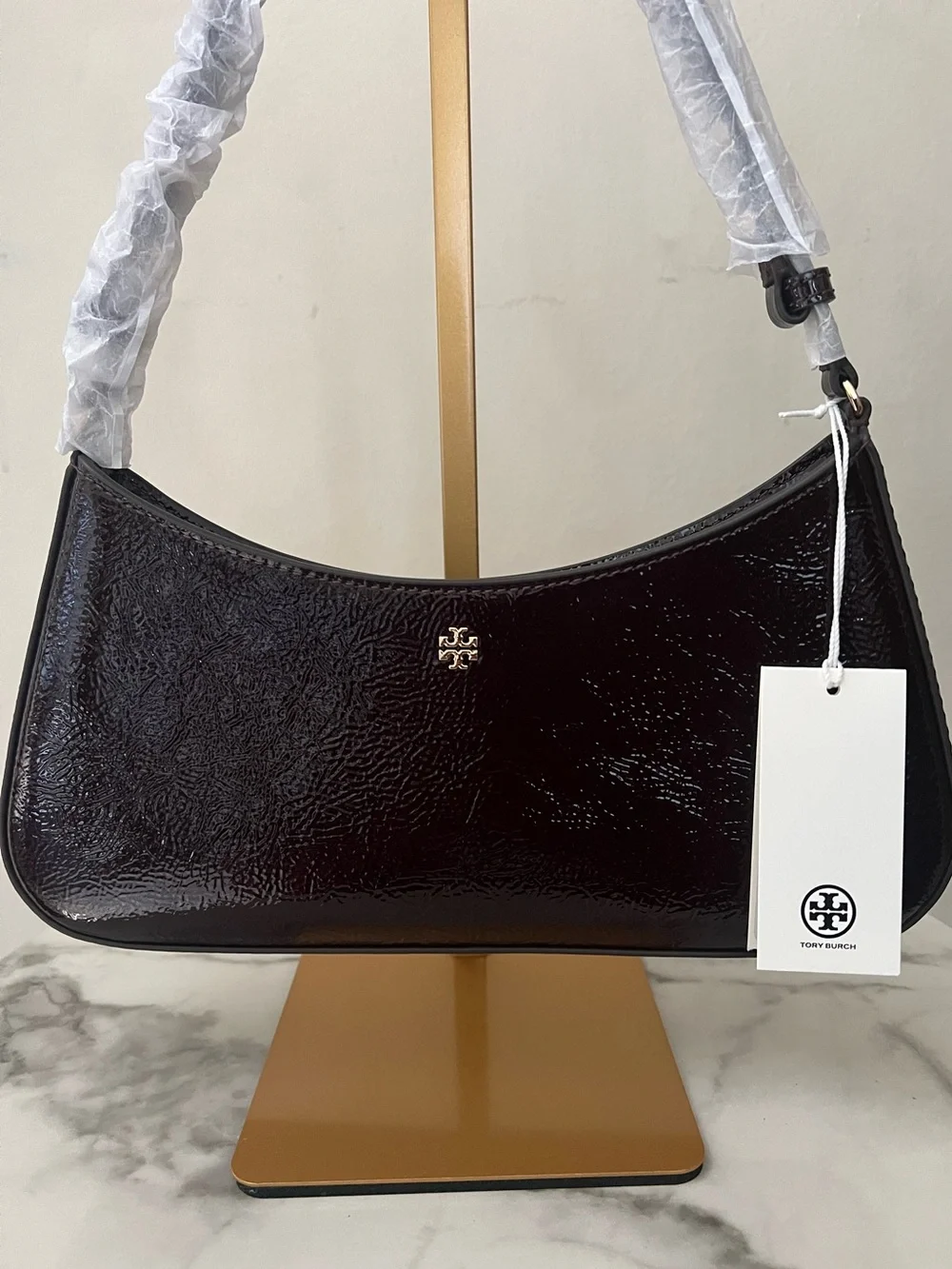 Tory Burch Burgundy Oxblood Textured Patent Shoulder Bag NWT